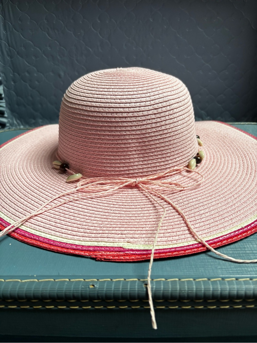 Wide Brim Pink Straw Sun Hat with Bead shells Trim